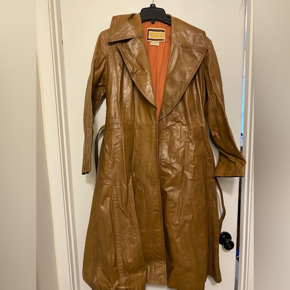 Vintage Leather Tan Trench Coat With Leather Belt